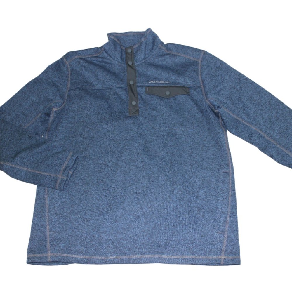 Eddie Bauer Heather Blue Pullover Knit Sweater Top Snap Pocket Mens Size XL EUC